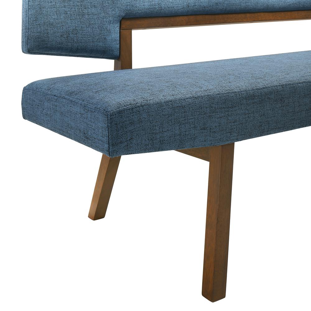 Channell Wood Dining Bench in Walnut Finish with Blue Fabric. Picture 5