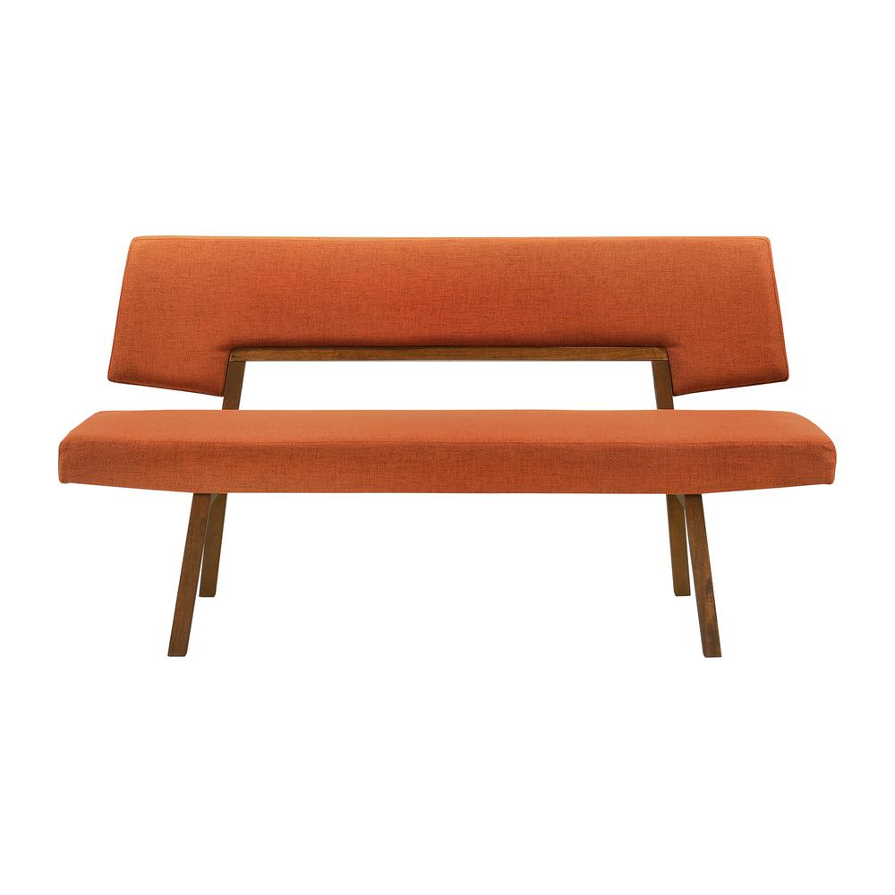 Channell Wood Dining Bench in Walnut Finish with Orange Fabric. Picture 1