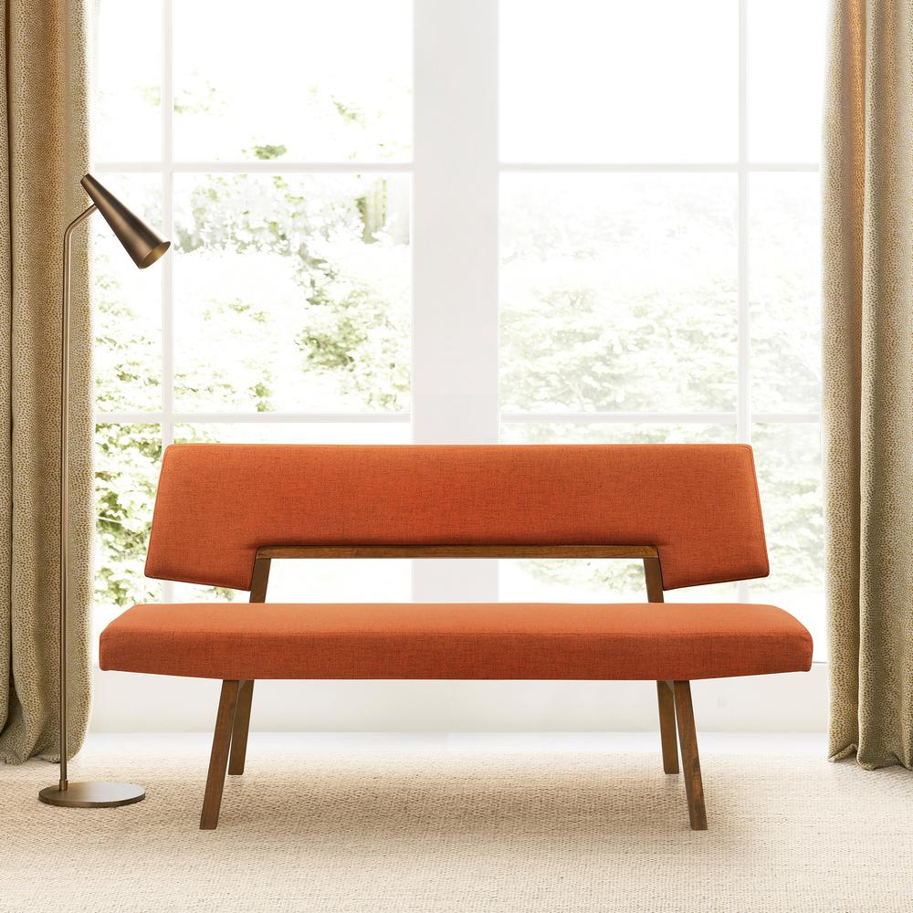 Channell Wood Dining Bench in Walnut Finish with Orange Fabric. Picture 7