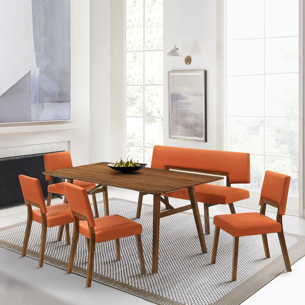 Channell Wood Dining Bench in Walnut Finish with Orange Fabric. Picture 8