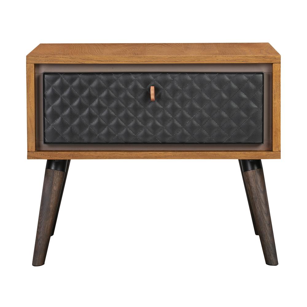 Coco Rustic Single Drawer Oak Wood and Leather Nightstand. Picture 1
