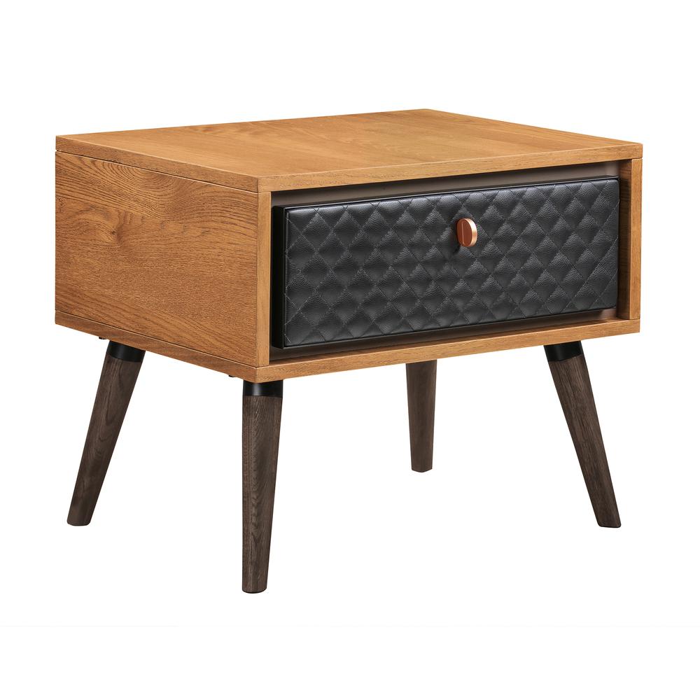 Coco Rustic Single Drawer Oak Wood and Leather Nightstand. Picture 2