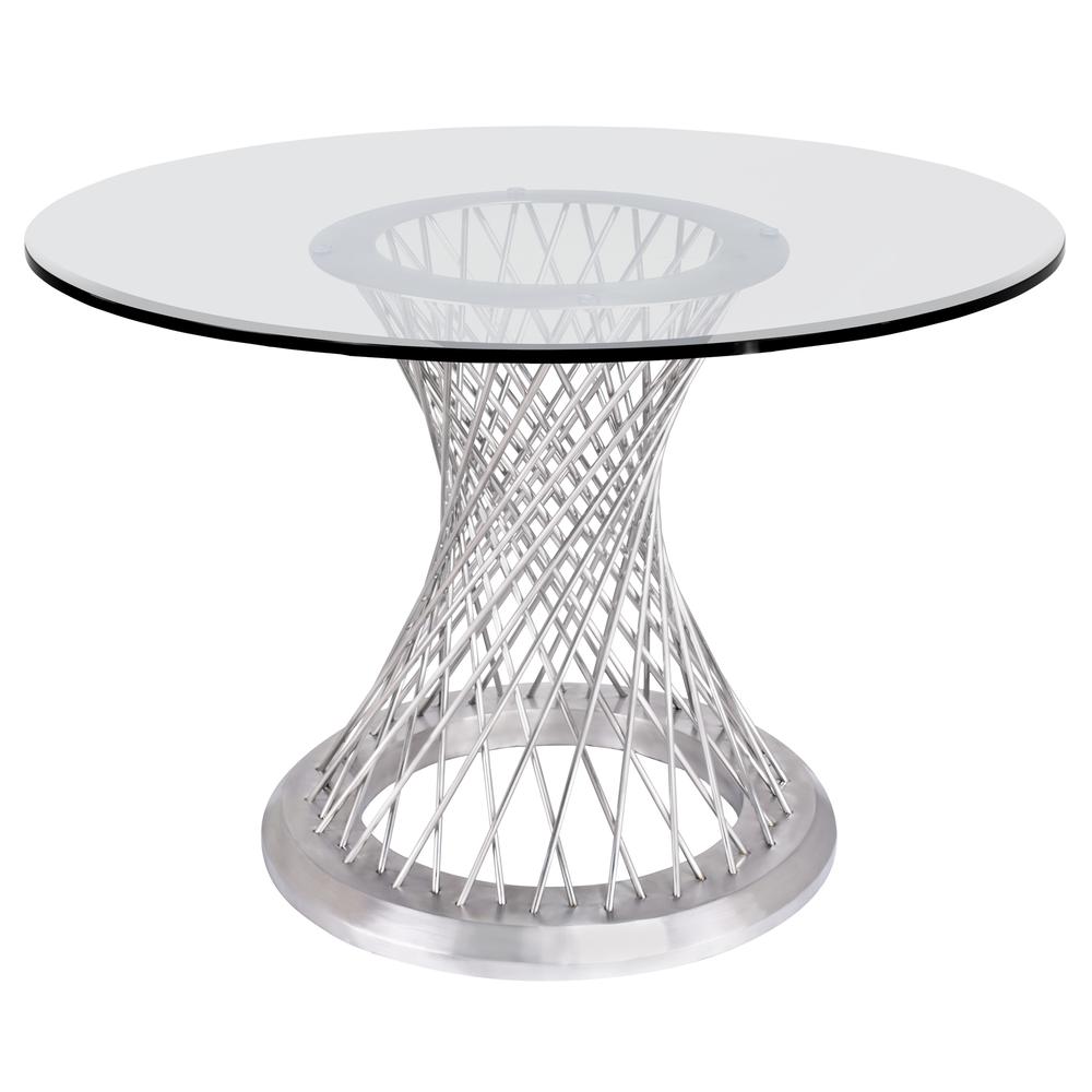 Calypso Contemporary Dining Table Brushed Stainless Steel Tempered Glass Top. Picture 1