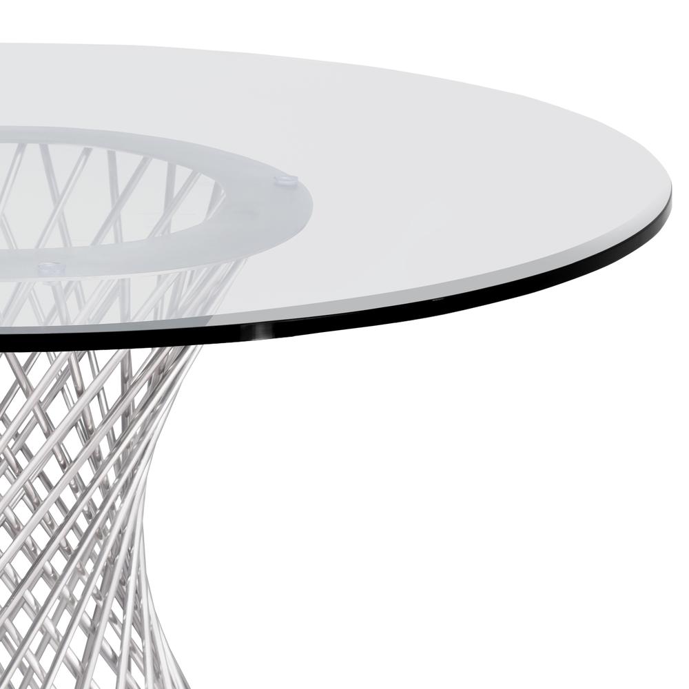 Calypso Contemporary Dining Table Brushed Stainless Steel Tempered Glass Top. Picture 2
