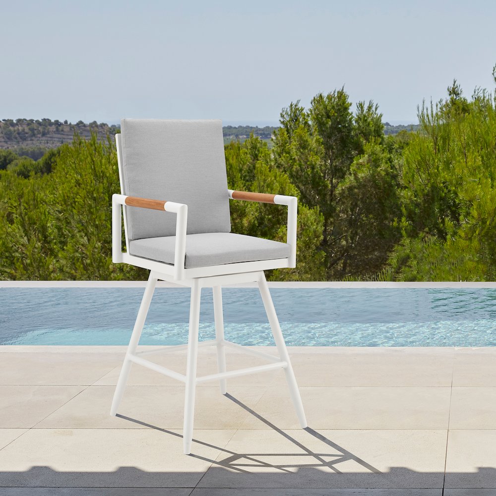 Crown Outdoor Patio Swivel Bar Stool in Aluminum with Brown Rope. Picture 10