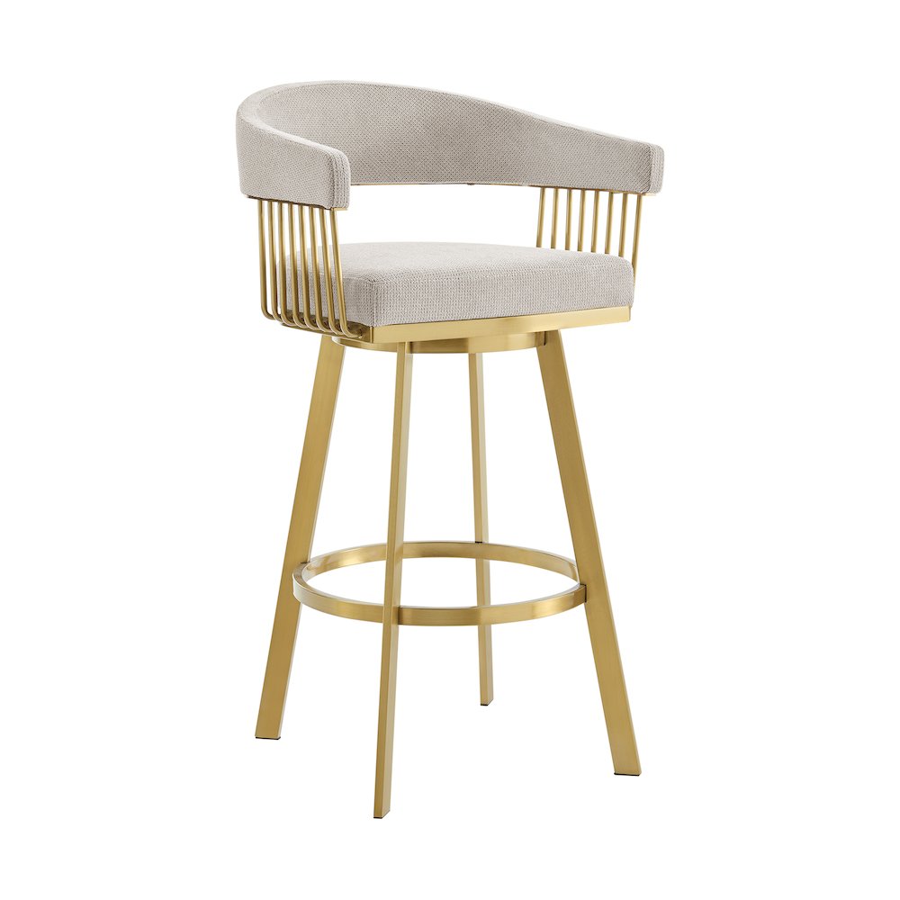 Chelsea 30" Swivel Bar Stool with Gold Brushed Stainless Steel and Taupe Fabric. Picture 1