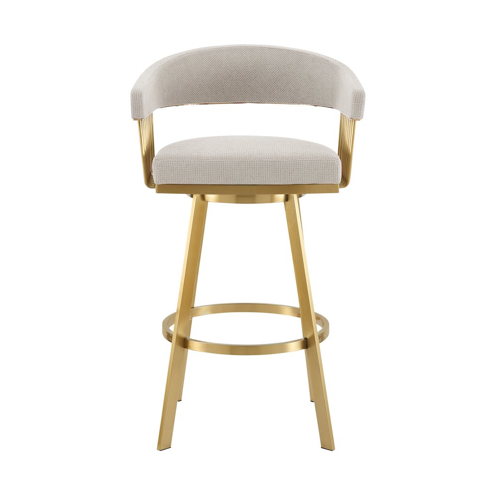 Chelsea 30" Swivel Bar Stool with Gold Brushed Stainless Steel and Taupe Fabric. Picture 2