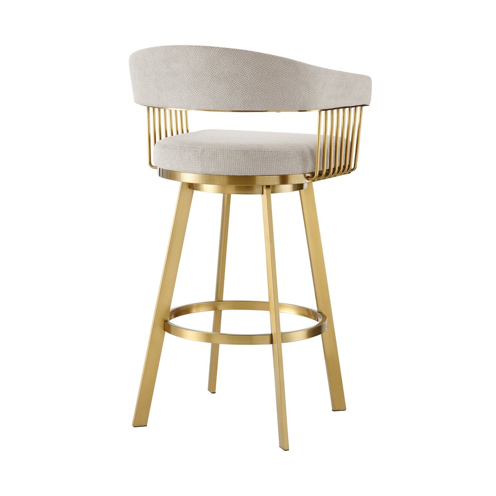 Chelsea 30" Swivel Bar Stool with Gold Brushed Stainless Steel and Taupe Fabric. Picture 3