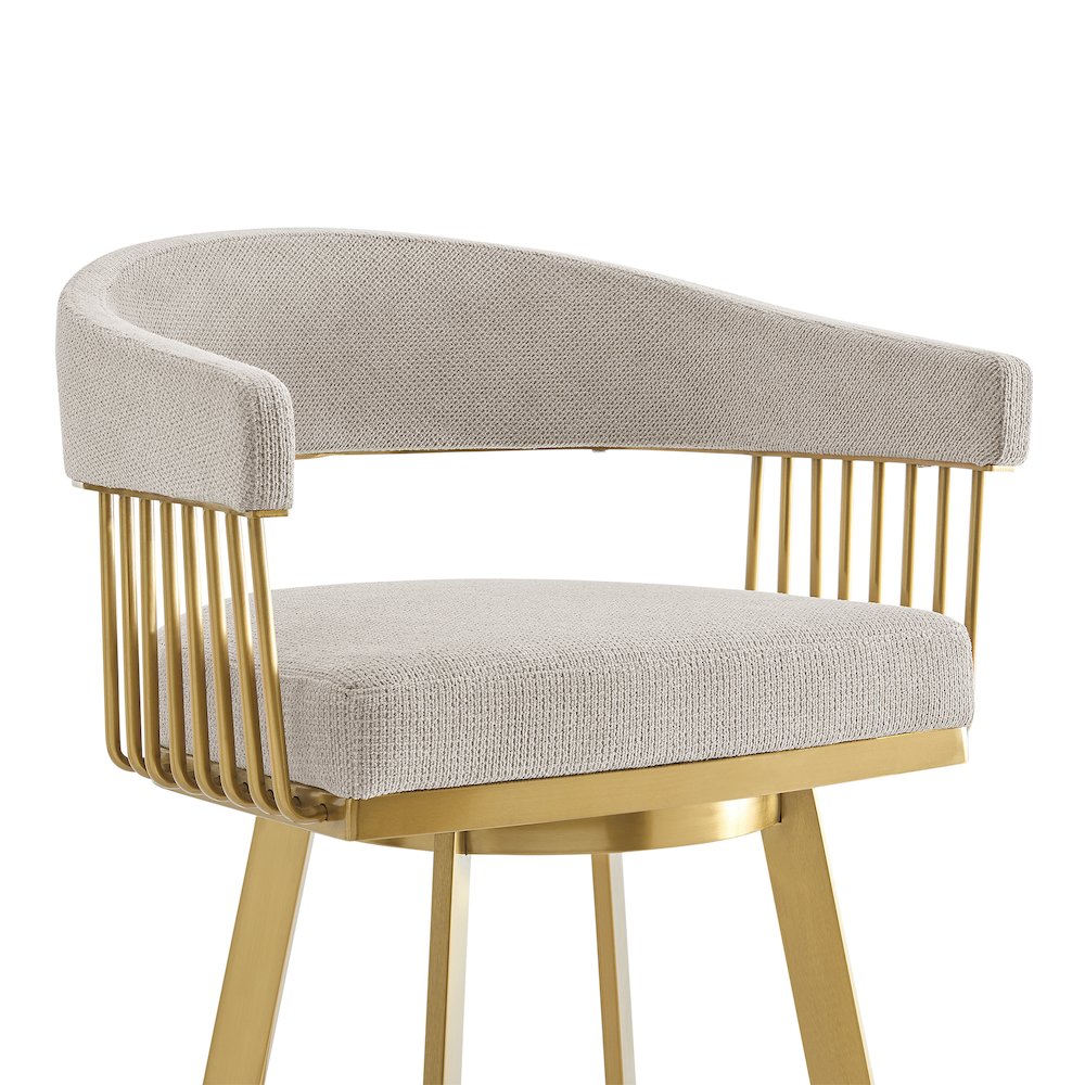 Chelsea 30" Swivel Bar Stool with Gold Brushed Stainless Steel and Taupe Fabric. Picture 4