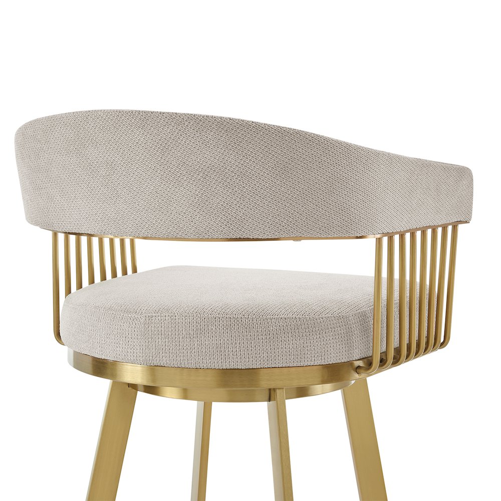 Chelsea 30" Swivel Bar Stool with Gold Brushed Stainless Steel and Taupe Fabric. Picture 5