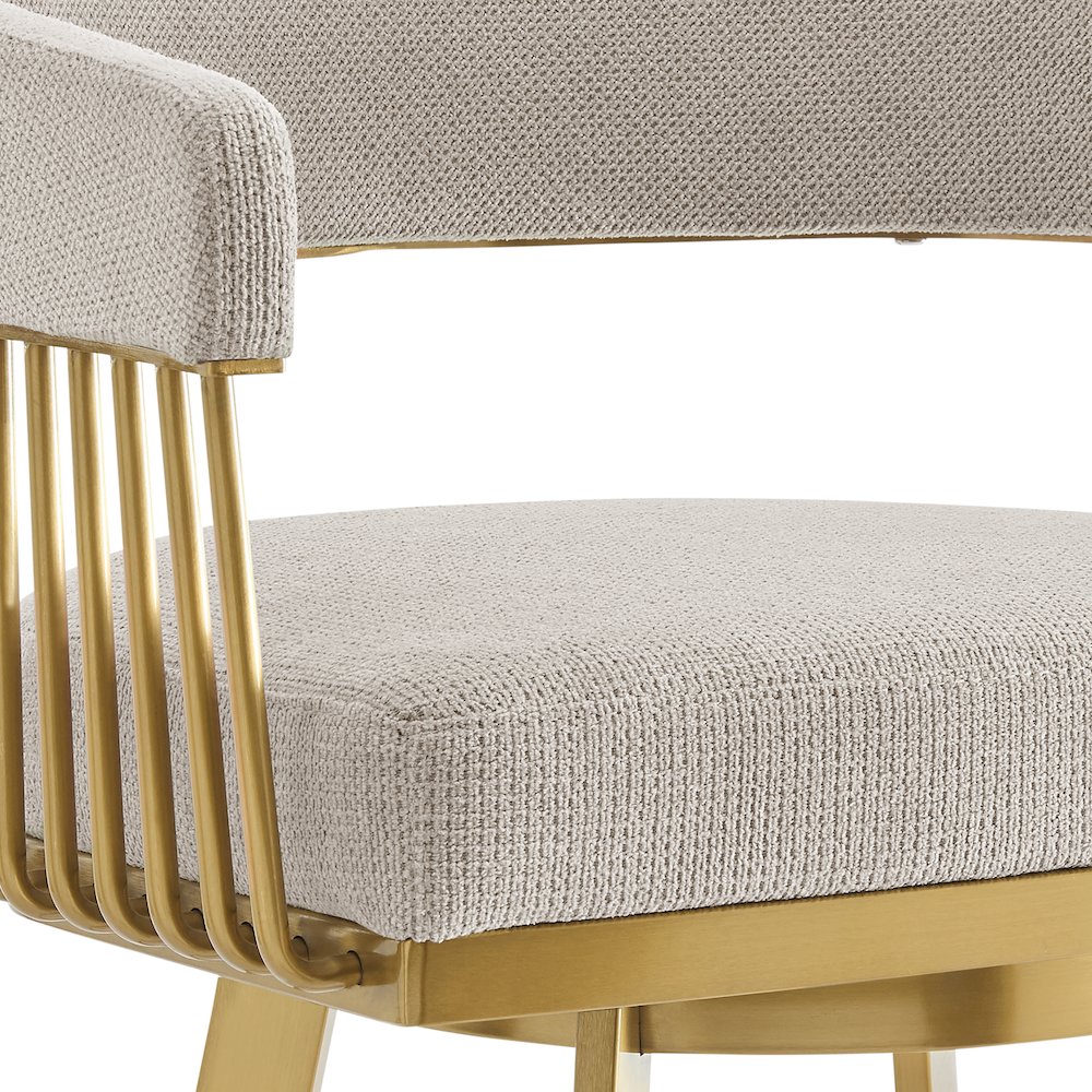 Chelsea 30" Swivel Bar Stool with Gold Brushed Stainless Steel and Taupe Fabric. Picture 6