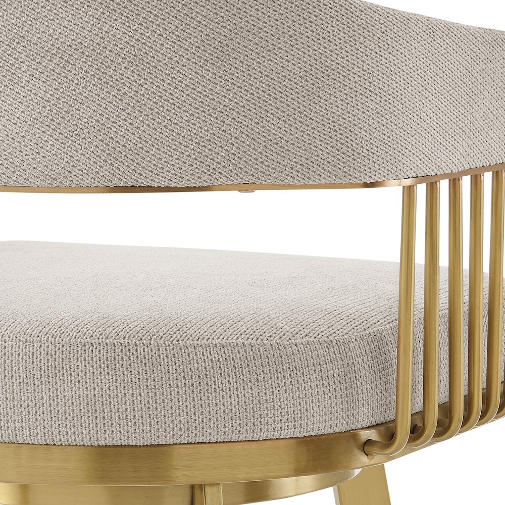 Chelsea 30" Swivel Bar Stool with Gold Brushed Stainless Steel and Taupe Fabric. Picture 7