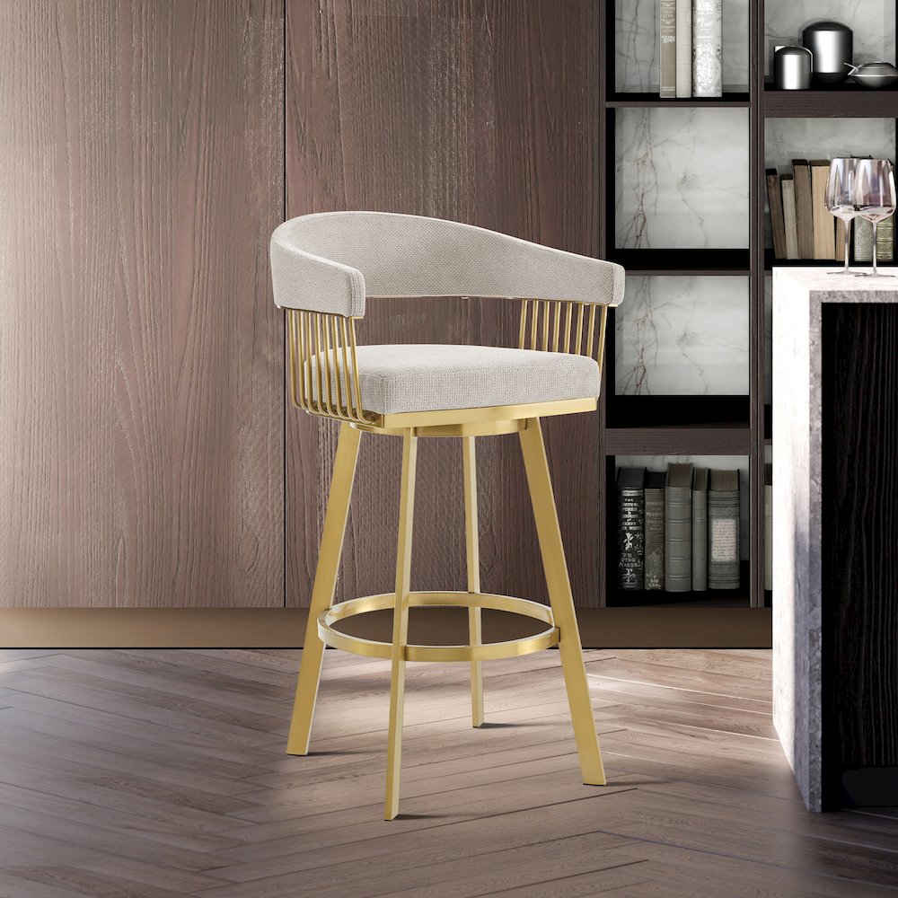 Chelsea 30" Swivel Bar Stool with Gold Brushed Stainless Steel and Taupe Fabric. Picture 10