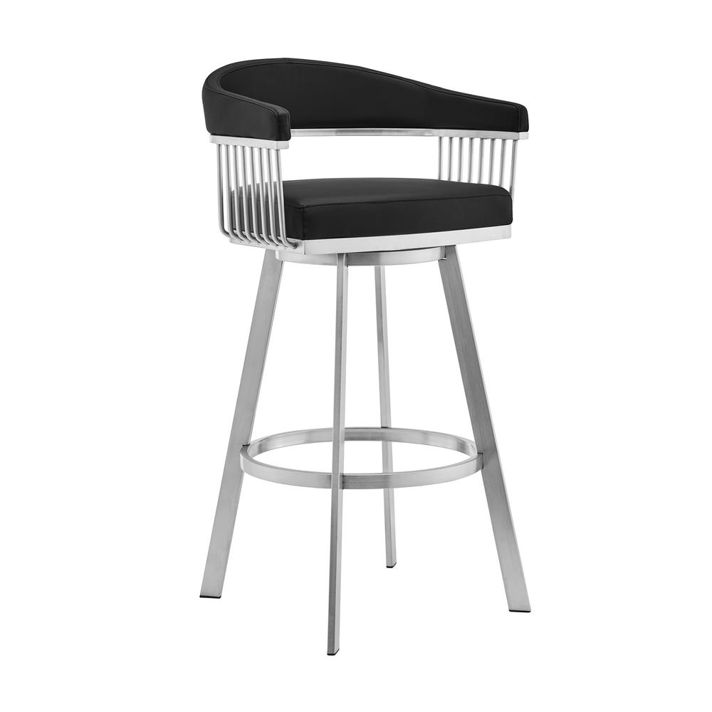 Chelsea 26" Black Faux Leather and Brushed Stainless Steel Swivel Bar Stool. Picture 1
