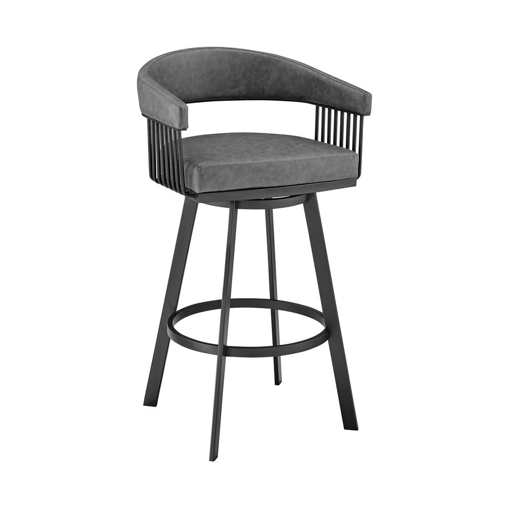 Chelsea 30" Bar Height Swivel Bar Stool in Black Finish and Gray Faux Leather. Picture 1