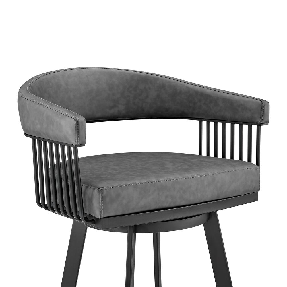 Chelsea 30" Bar Height Swivel Bar Stool in Black Finish and Gray Faux Leather. Picture 6
