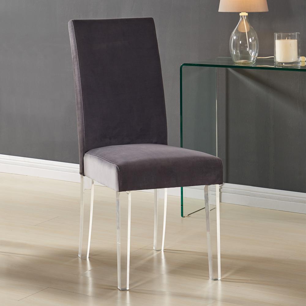 Armen Living Dalia Modern and Contemporary Dining Chair in Gray Velvet with Acrylic Legs - Set of 2. Picture 2