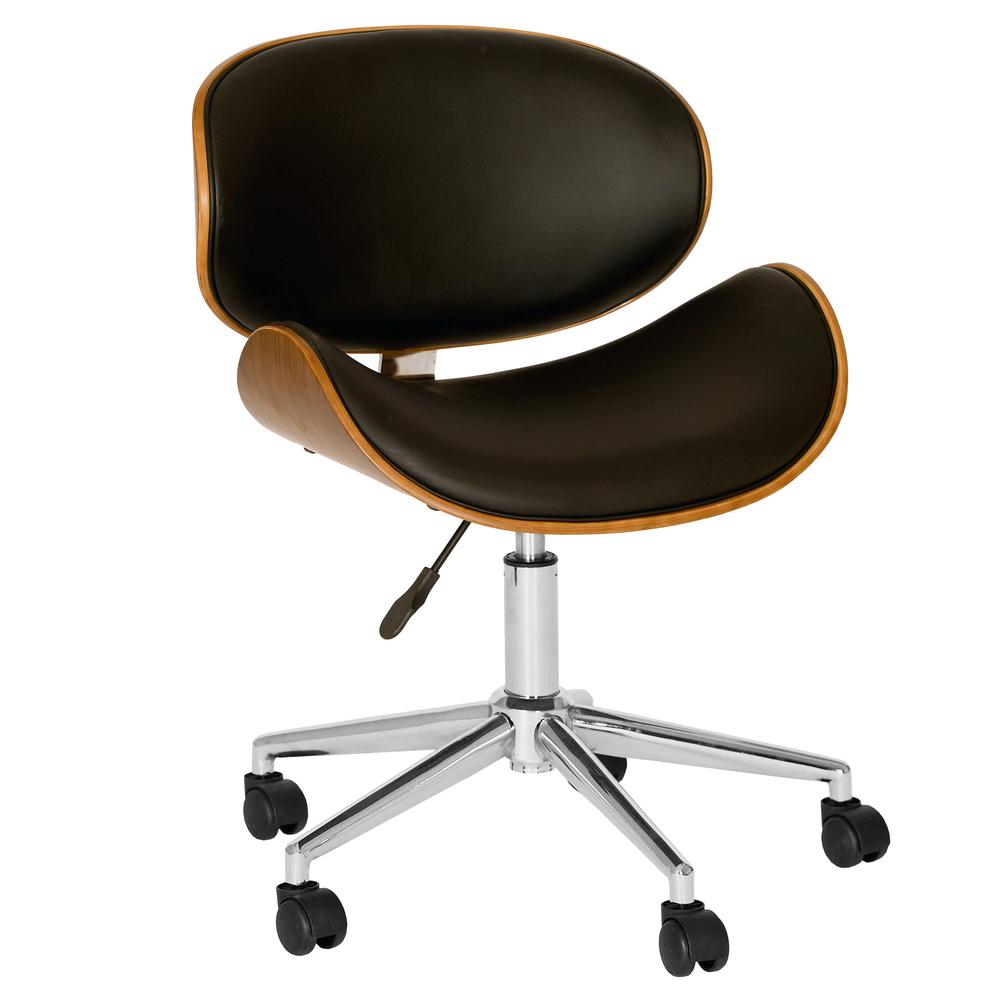 Modern Office Chair In Chrome Finish with Black Faux Leather And Walnut Veneer Back. Picture 1