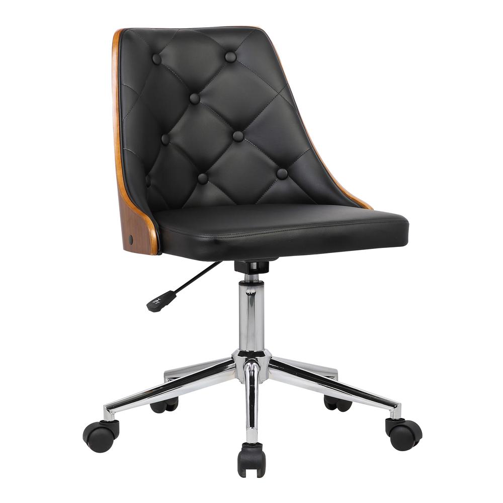 Armen Living Diamond Mid-Century Office Chair in Chrome finish with Tufted Black Faux Leather and Walnut Veneer Back. Picture 1
