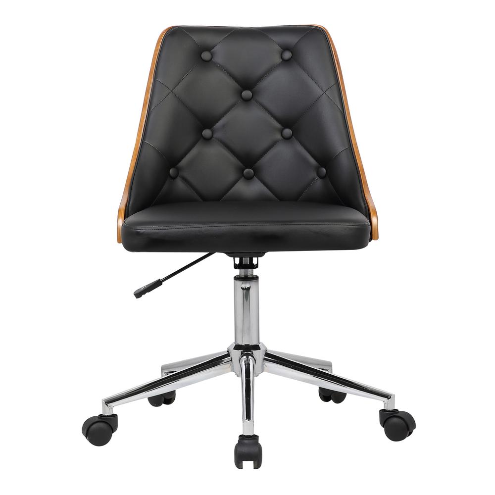 Armen Living Diamond Mid-Century Office Chair in Chrome finish with Tufted Black Faux Leather and Walnut Veneer Back. Picture 2