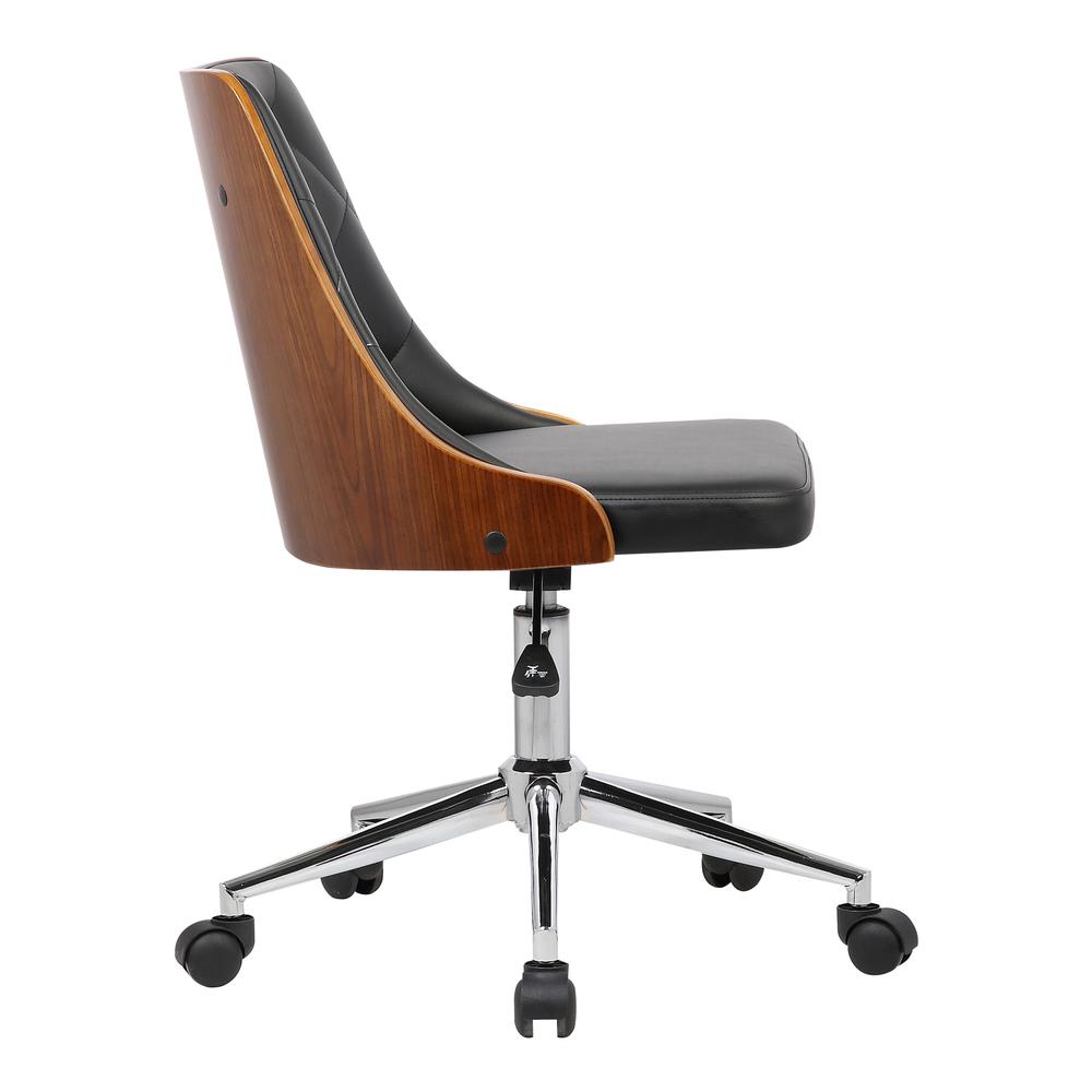Armen Living Diamond Mid-Century Office Chair in Chrome finish with Tufted Black Faux Leather and Walnut Veneer Back. Picture 3