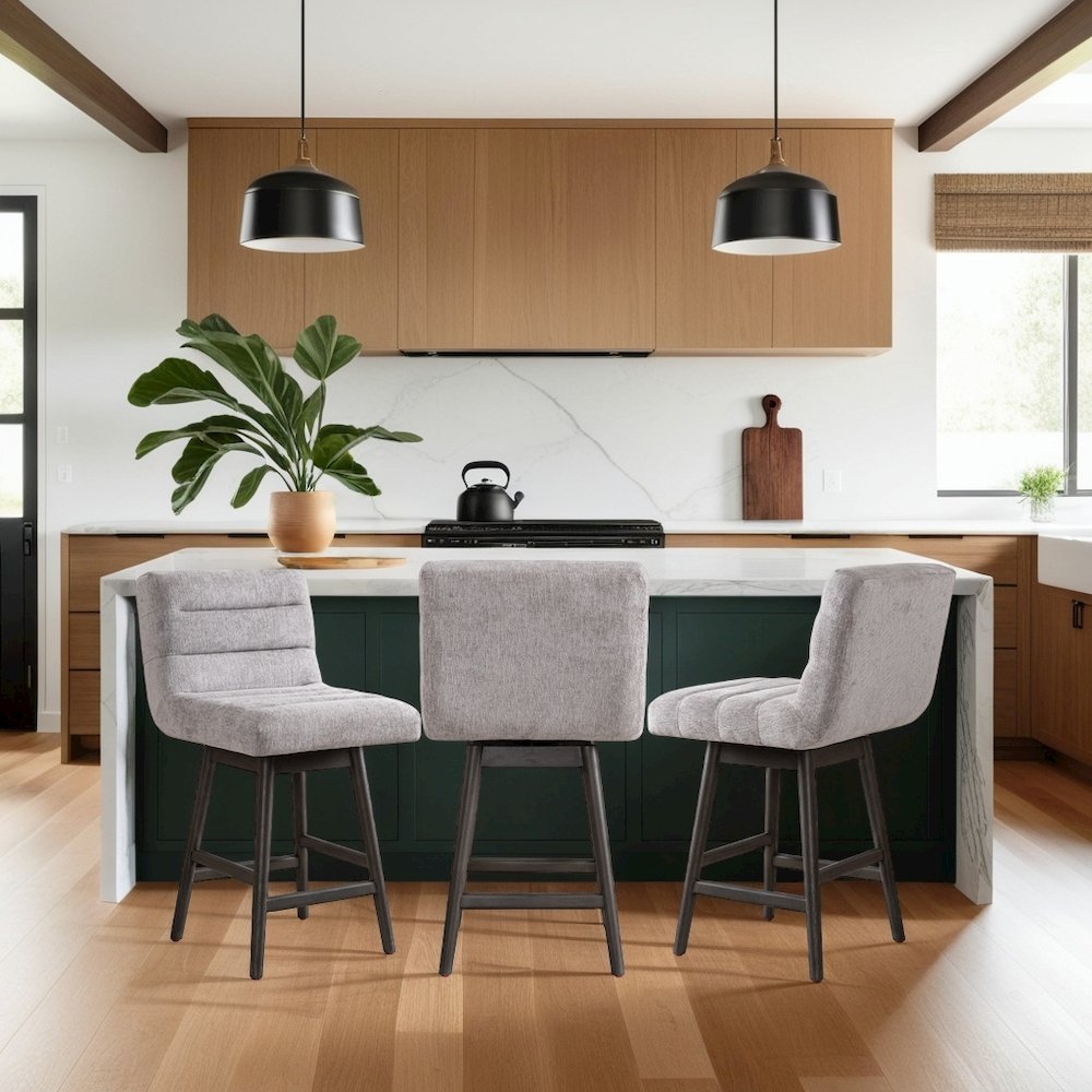 Elias Gray Solid Wood Upholstered 26" Counter Height Swivel Barstool. Picture 7