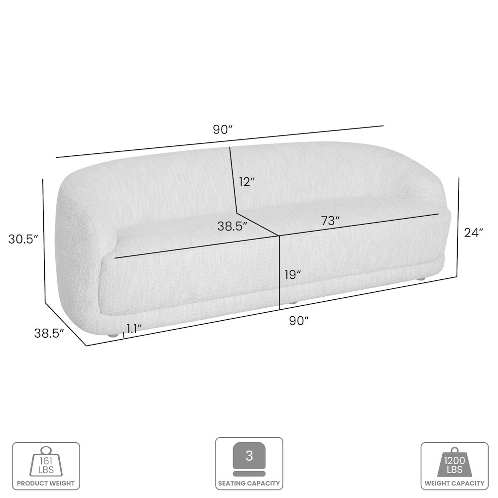 Figueroa 90 in. 3-Seater Sofa in Snow Fleck Fabric with Oval Seat and Slope Arms. Picture 8