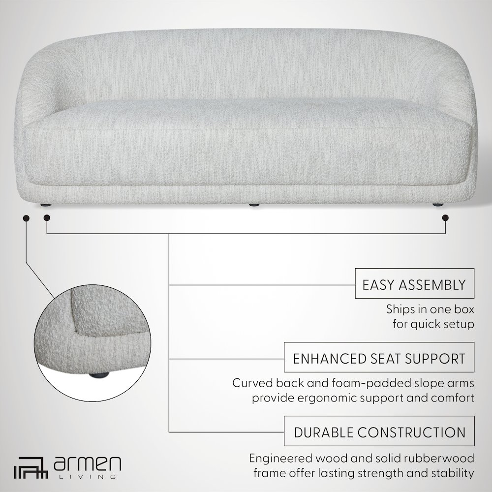 Figueroa 90 in. 3-Seater Sofa in Snow Fleck Fabric with Oval Seat and Slope Arms. Picture 12