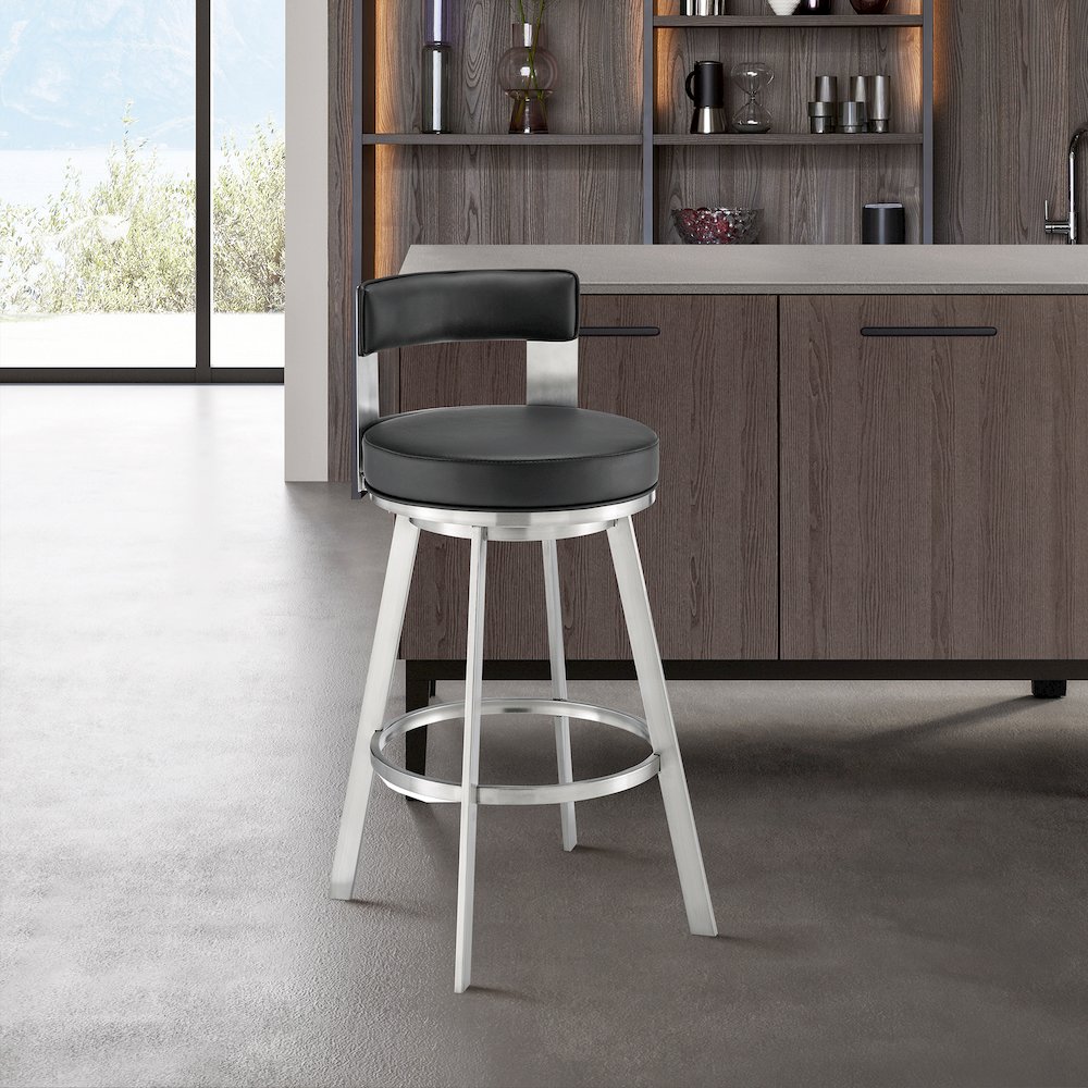 Flynn Swivel Counter or Bar Stool in Faux Leather and Metal. Picture 8