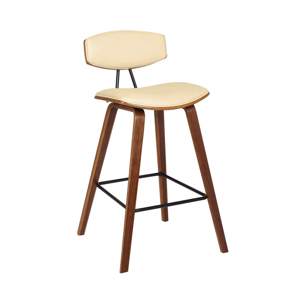 Counter Height Cream Faux Leather and Walnut Wood Mid-Century Modern Bar Stool. Picture 1