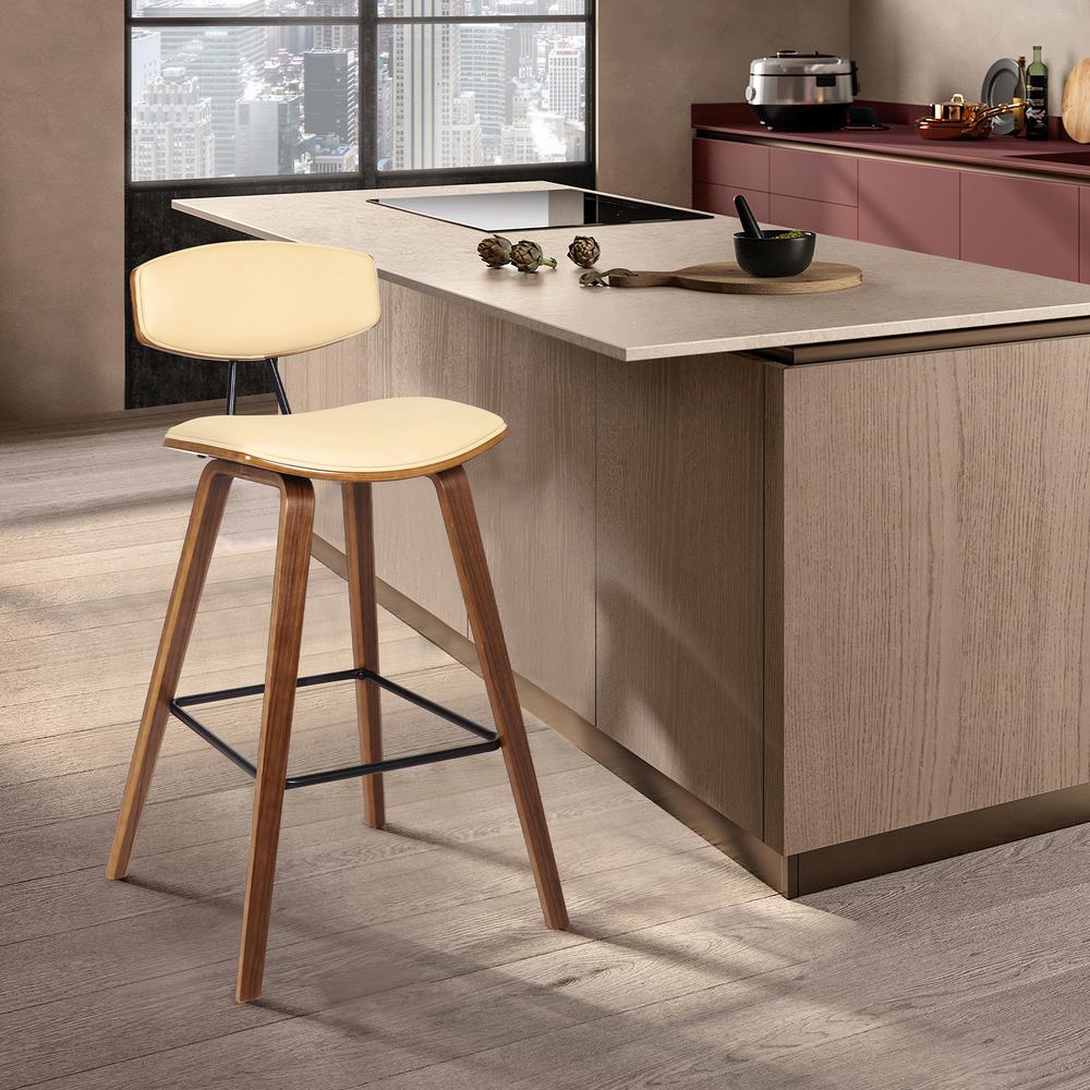Counter Height Cream Faux Leather and Walnut Wood Mid-Century Modern Bar Stool. Picture 6