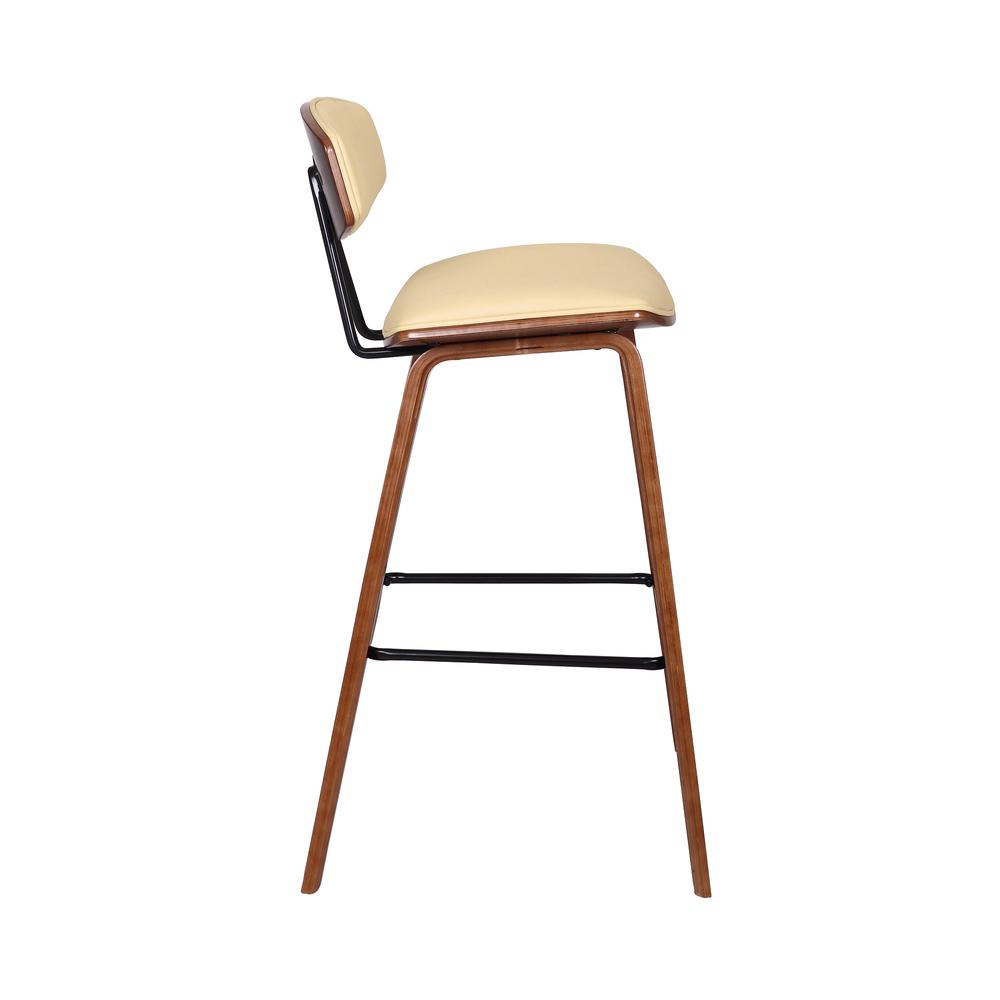 Bar Height Cream Faux Leather and Walnut Wood Mid-Century Modern Bar Stool. Picture 3