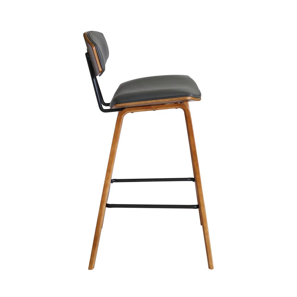 Bar Height Gray Faux Leather and Walnut Wood Mid-Century Modern Bar Stool. Picture 3