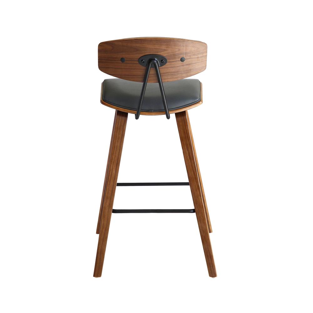 Bar Height Gray Faux Leather and Walnut Wood Mid-Century Modern Bar Stool. Picture 5
