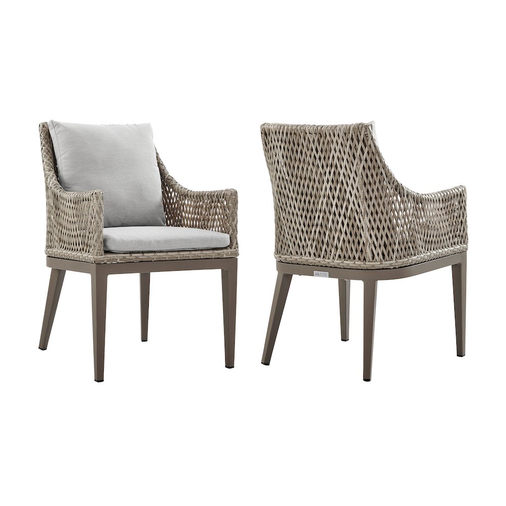 Outdoor Wicker and Aluminum Gray Dining Chair with Beige Cushions - Set of 2. Picture 1