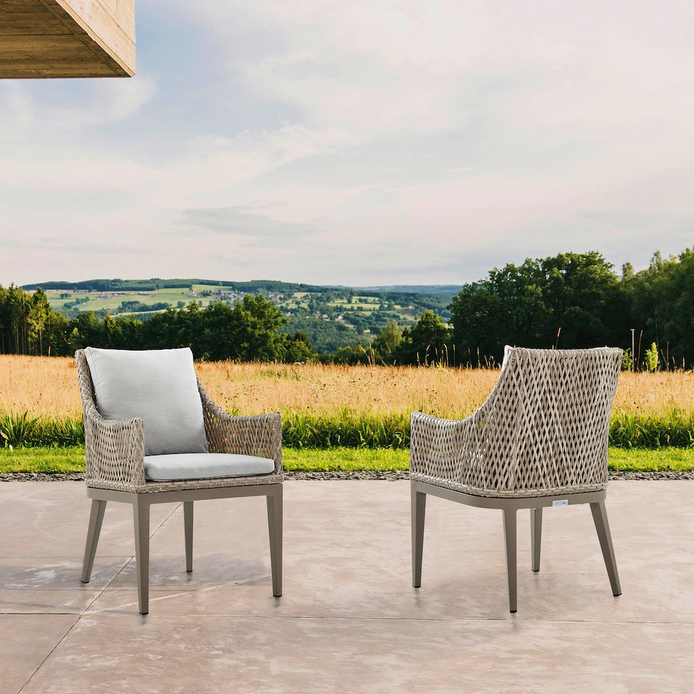 Outdoor Wicker and Aluminum Gray Dining Chair with Beige Cushions - Set of 2. Picture 8