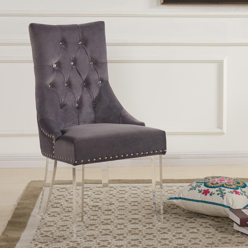 Armen Living Gobi Modern and Contemporary Tufted Dining Chair in Gray Velvet with Acrylic Legs. Picture 2
