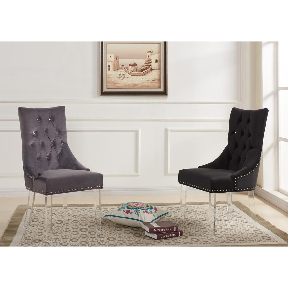 Armen Living Gobi Modern and Contemporary Tufted Dining Chair in Gray Velvet with Acrylic Legs. Picture 3