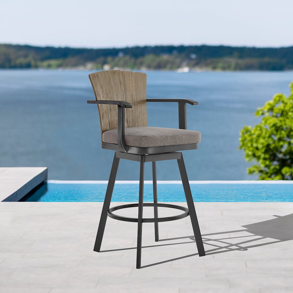 Hazel Outdoor Patio Swivel Counter Stool in Aluminum with Teak Wood. Picture 10