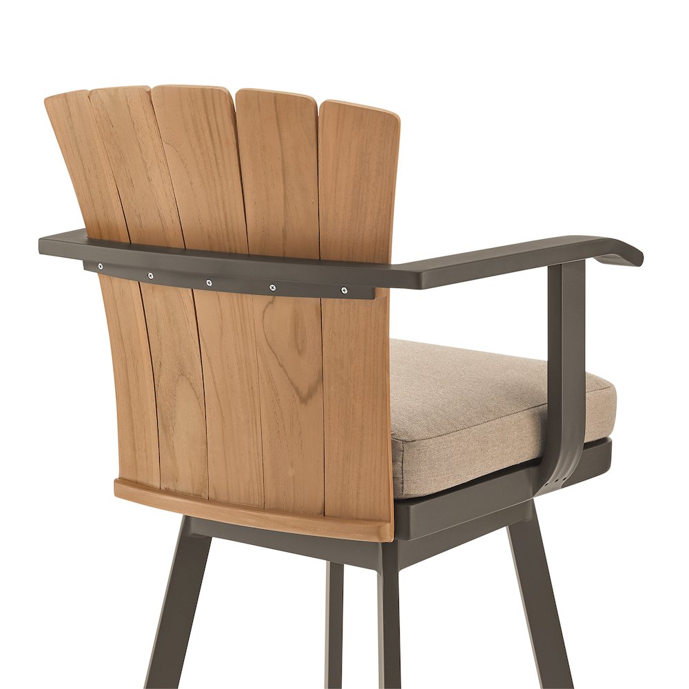 Hazel Outdoor Patio Swivel Counter Stool in Aluminum with Teak Wood. Picture 5