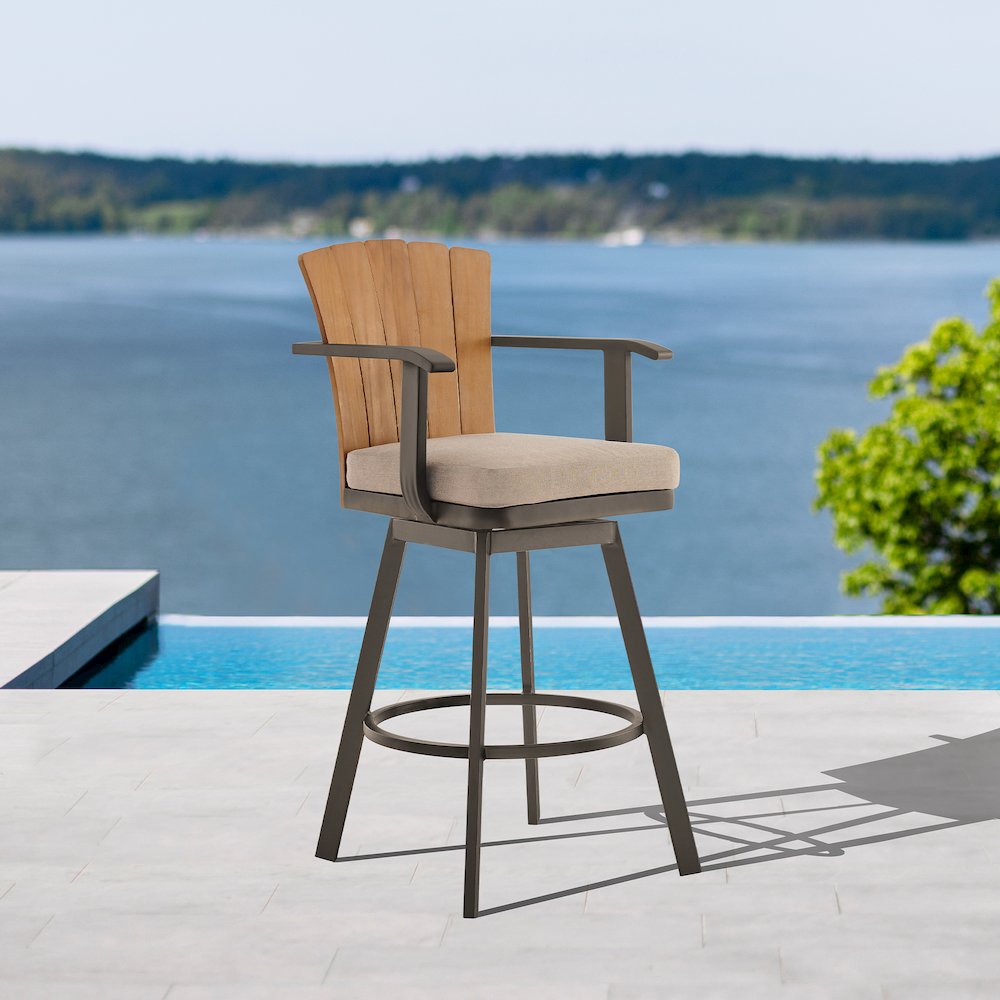 Hazel Outdoor Patio Swivel Counter Stool in Aluminum with Teak Wood. Picture 10