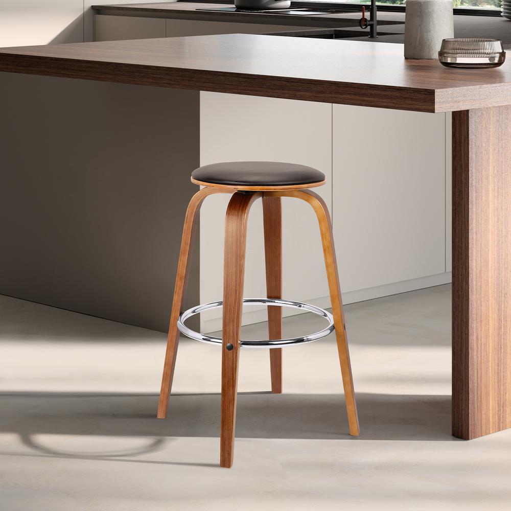 Armen Living Harbor 26" Mid-Century Swivel Counter Height Backless Barstool in Brown Faux Leather with Walnut Veneer. Picture 1