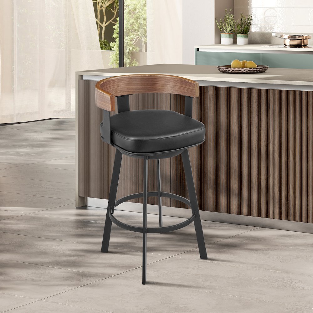 Idris 26" Swivel Counter Stool in Black Iron with Walnut Finish. Picture 10
