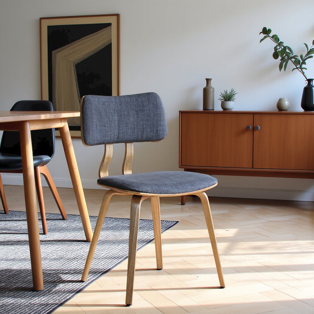 Modern Mid-Century Dining Chair with Walnut Wood Frame and Charcoal Fabric. Picture 6