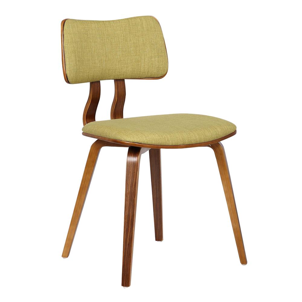 Armen Living Jaguar Mid-Century Dining Chair in Walnut Wood and Green Fabric. Picture 1