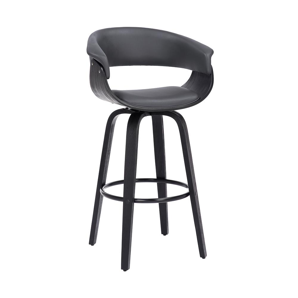 Julyssa 26" Counter Height Swivel Grey Faux Leather and Black Wood Bar Stool. Picture 1