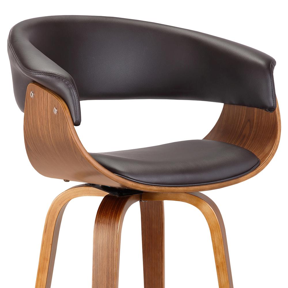 Armen Living Julyssa 30" Mid-Century Swivel Bar Height Barstool in Brown Faux Leather with Walnut Wood. Picture 4