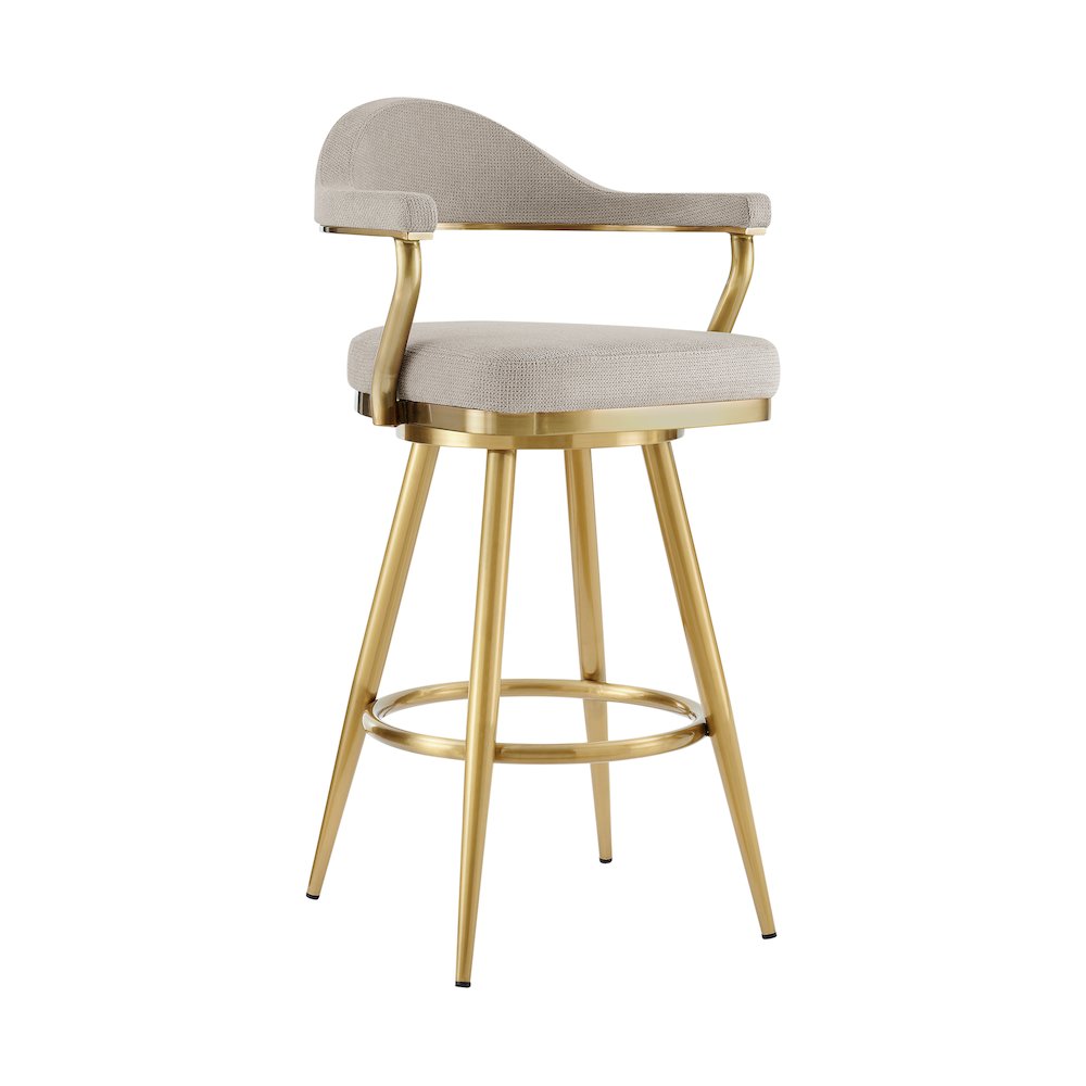 Justin 30" Swivel Bar Stool with Gold Brushed Stainless Steel and Taupe Fabric. Picture 1