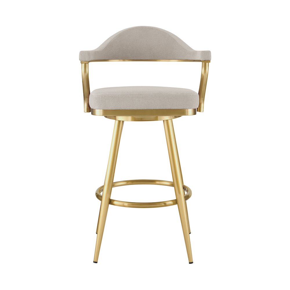 Justin 30" Swivel Bar Stool with Gold Brushed Stainless Steel and Taupe Fabric. Picture 2