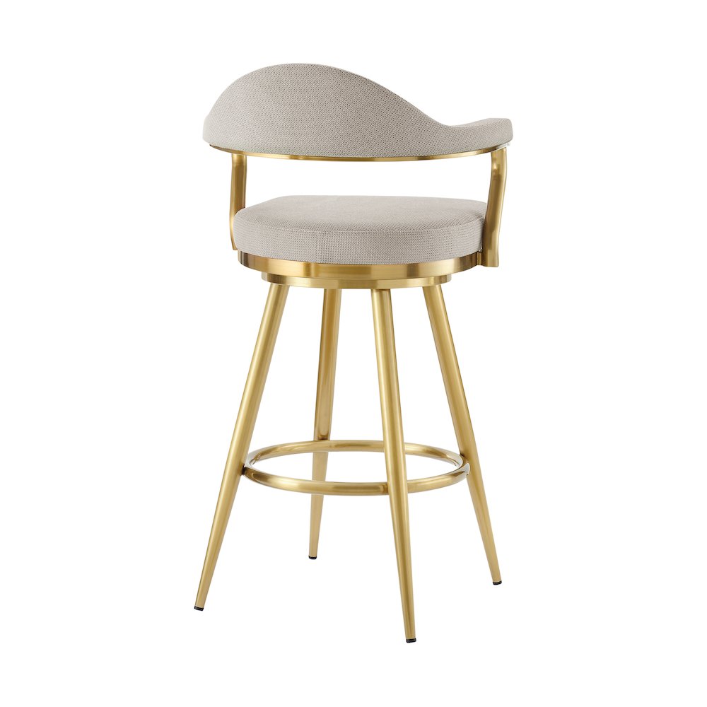 Justin 30" Swivel Bar Stool with Gold Brushed Stainless Steel and Taupe Fabric. Picture 3